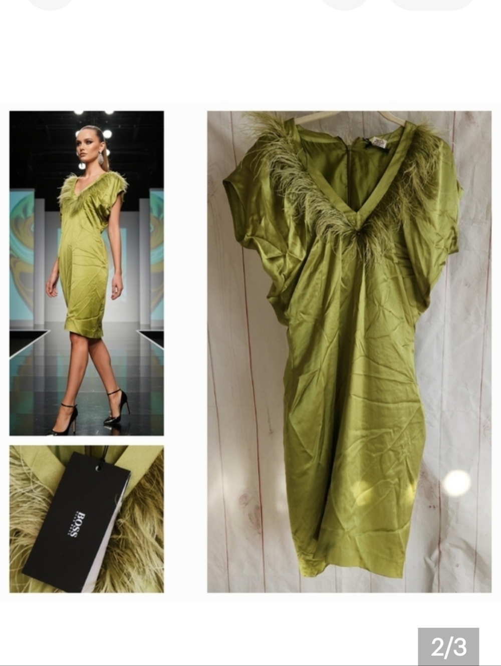 BOSS Olive Green Feather-Trim V-Neck Midi Dress - Picture 1 of 2